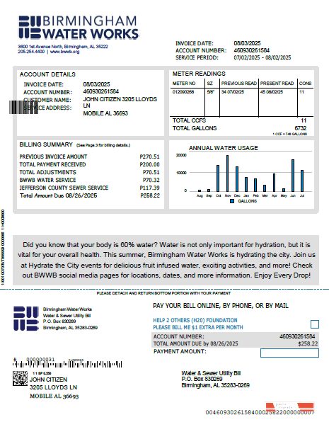 United Kingdom Birmingham Water utility bill template in Word and PDF formats, version 2